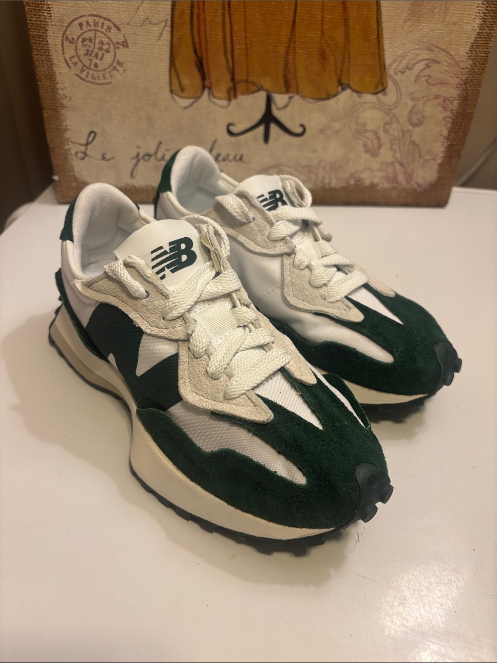 New Balance women’s 327 night watch green